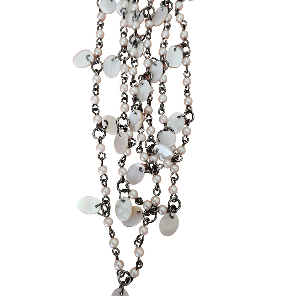 Multi Strand Faux Pearl Mother of Pearl Shell Gunmetal Layered Necklace Boho